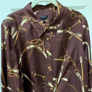 Talbots silk burgundy blouse with gold accents